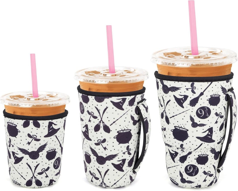 Snowso 3 Pack Iced Coffee sleeve Insulated Neoprene Cup Sleeves with handle For Cold Drinks Beverages, Reusable Cup Holder for 16oz-32oz Coffee Cups (Wizard's Trip) - Image 1